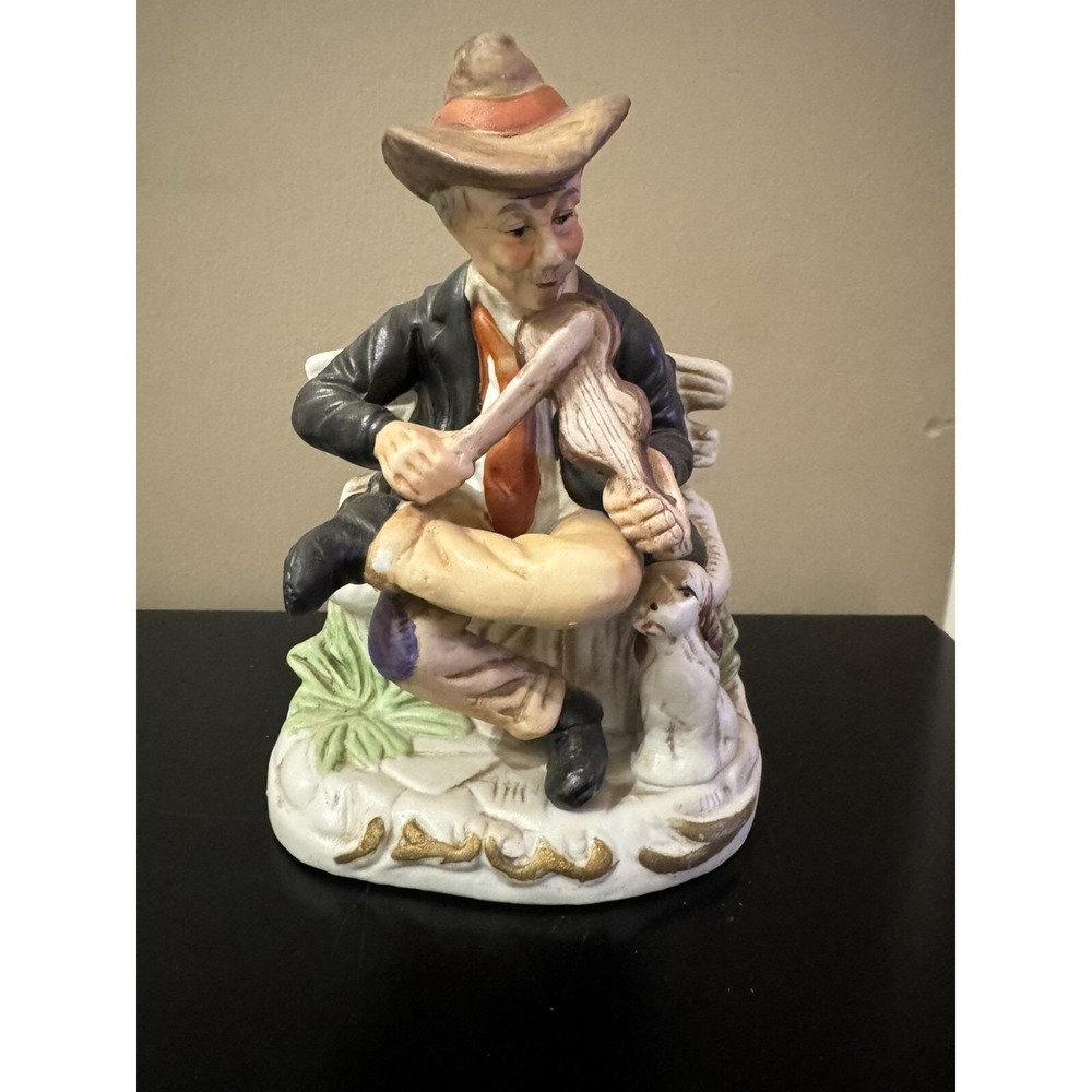 Vintage Hi Mark Figurine Man sitting on a Bench playing fiddle with dog  SAGK0
